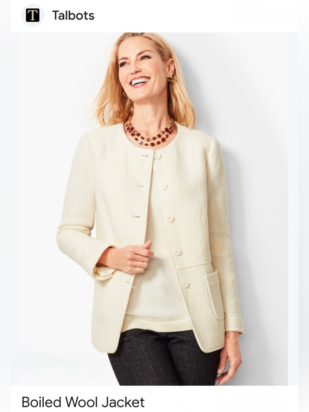Talbots Cream Collarless Boiled Wool Jacket- size 10